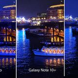 Die Spitzenmodelle im Vergleich. Bei dieser lichtstarken Nachtszenerie kommt das Galaxy Note 10+ völlig durcheinander: Die Lichter sind unsauber, Details gehen verloren. Das Huawei P30 Pro fängt die Stimmung gut ein, schärft aber extrem nach, erkennbar am Wasser - das wirkt unrealistisch. Das iPhone 11 ist in den Details sauber, man achte etwa auf die Lampenschirme im Boot. Dafür hat es in der Langzeitbelichtung kuriose Lichtfragmente links neben dem Gebäude aufgenommen. Abgesehen von diesem Patzer ist das iPhone hier vorne.