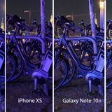 Nun treten wieder vier Smartphones an. Das Motiv: ein angeschlossenes Fahrrad in der sehr dunklen Hamburger Speicherstadt. Huawei und das iPhone XS wirken beide detailarm. Das Fahrrad wird sowohl vom Galaxy Note als auch dem iPhone 11 gut eingefangen. Beim Apple-Smartphone sind trotz der dunklen Szenerie aber noch mehr Details am Boden erkennbar. 