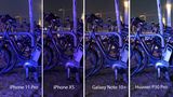 Nun treten wieder vier Smartphones an. Das Motiv: ein angeschlossenes Fahrrad in der sehr dunklen Hamburger Speicherstadt. Huawei und das iPhone XS wirken beide detailarm. Das Fahrrad wird sowohl vom Galaxy Note als auch dem iPhone 11 gut eingefangen. Beim Apple-Smartphone sind trotz der dunklen Szenerie aber noch mehr Details am Boden erkennbar. 