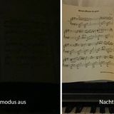 Was technisch möglich ist, zeigt dieses Beispiel: Links fotografierten wir das Notenblatt auf dem Klavier in einem stockdunklen Raum. Rechts mit aktiviertem Nachtmodus auf dem iPhone 11 Pro (Belichtungszeit 10 Sekunden, Handmodus).