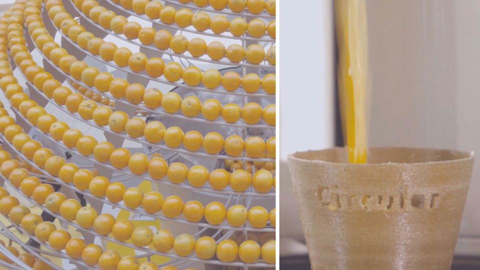 Die besondere Saftpresse fertigt aus Orangenschalen recyclebare Becher