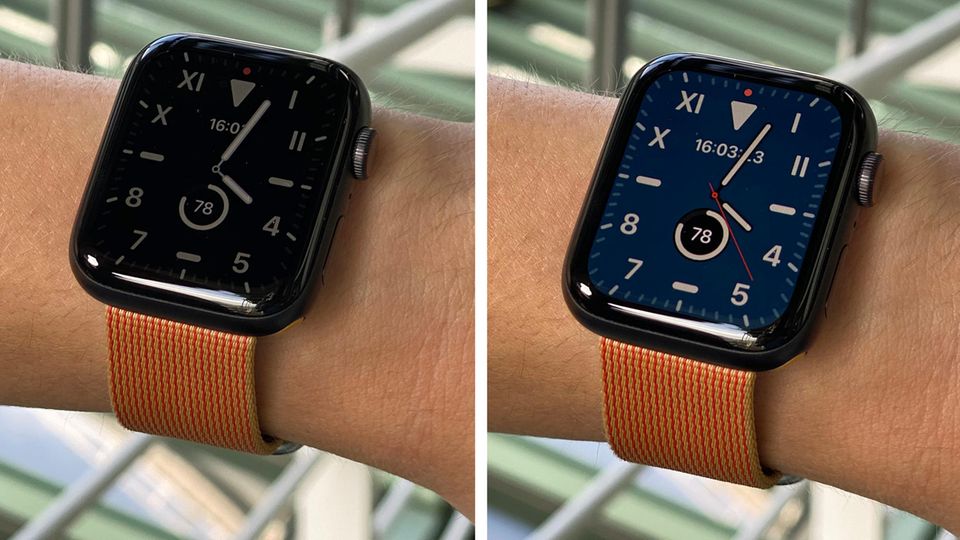 Links sehen wir die gedimmte Variante des neuen Always-On-Bildschirms, rechts die aktive Uhr.