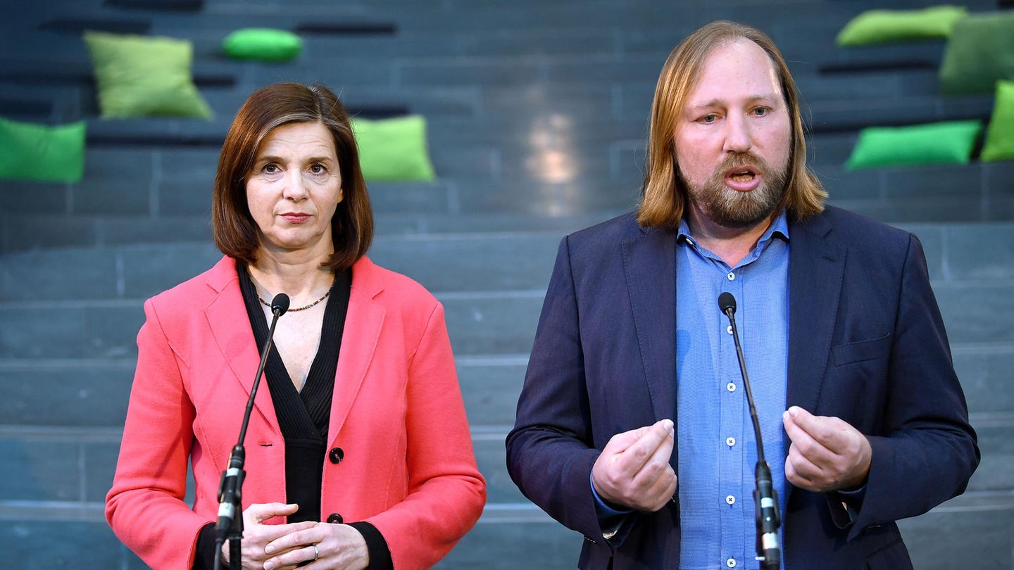 Die Fraktionsvorsitzenden im Bundestag von Bündnis 90/Die Grünen, Katrin Göring-Eckardt und Anton Hofreiter, sprechen zu Journalisten.  