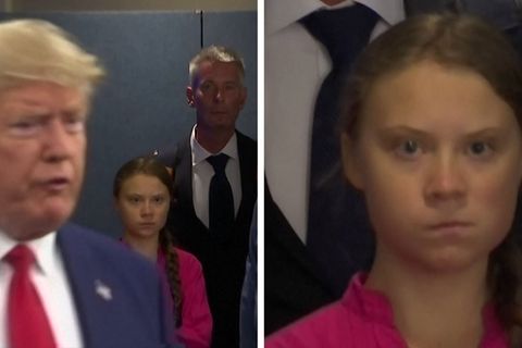 Greta Thunberg guckt Donald Trump ernst an.