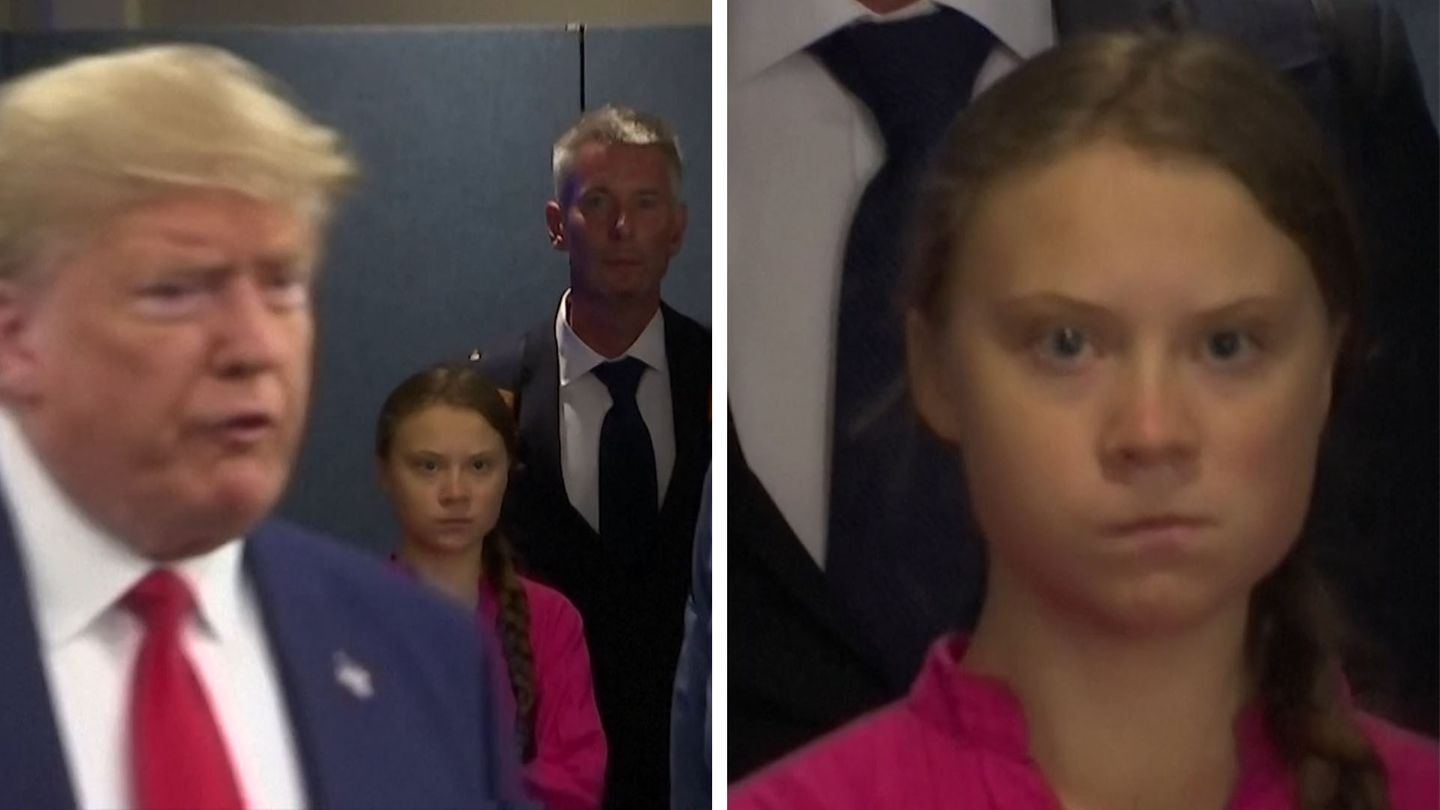 Greta Thunberg guckt Donald Trump ernst an.