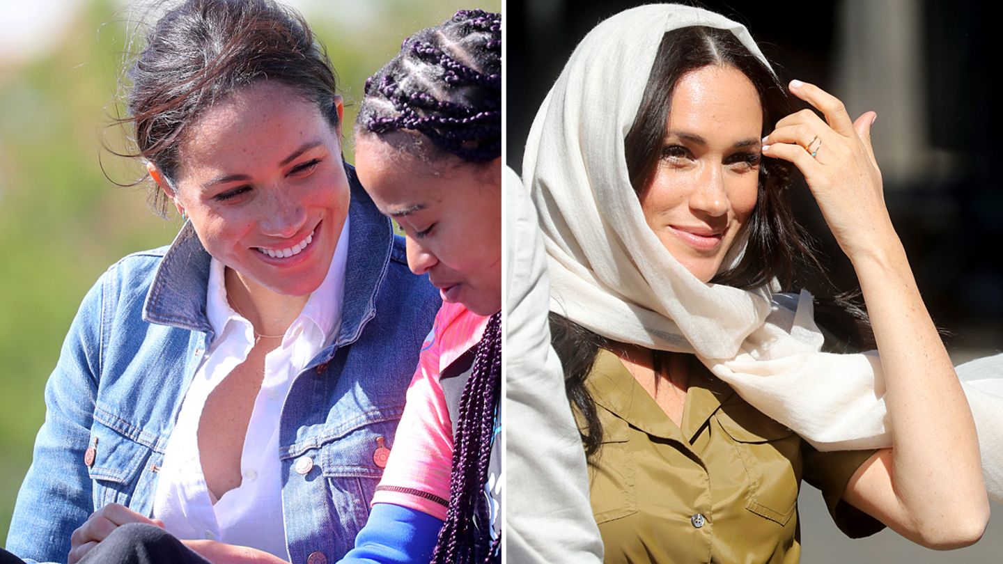 Meghan am Strand und beim Besuch der Moschee