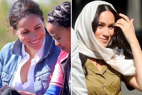 Meghan am Strand und beim Besuch der Moschee
