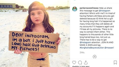 Der vierjährige Parker protestiert mit einem Schild gegen das Nippel-Verbot