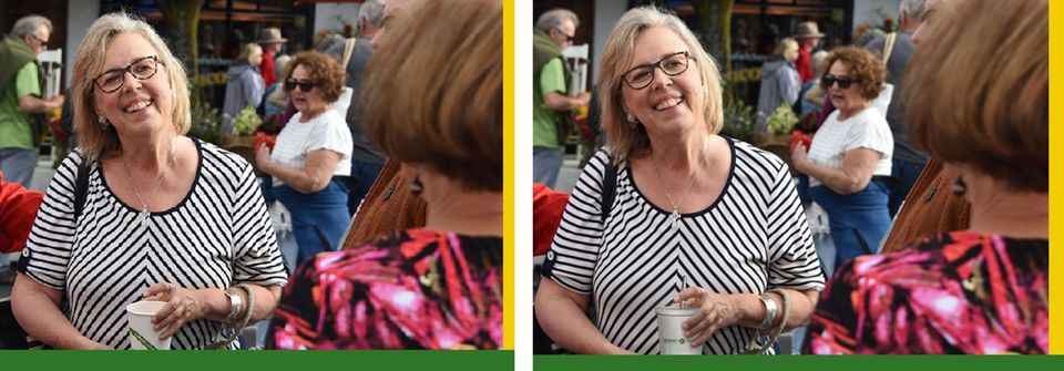Echtes und manipuliertes Bild von Kanadas Grünen-Politikerin Elizabeth May Echtes und manipuliertes Bild von Kanadas Grünen-Politikerin Elizabeth May