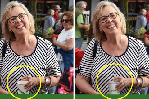 Die Bilder zeigen Kanadas Grünen-Politikerin Elizabeth May mit Papp- und mit Plastikbecher