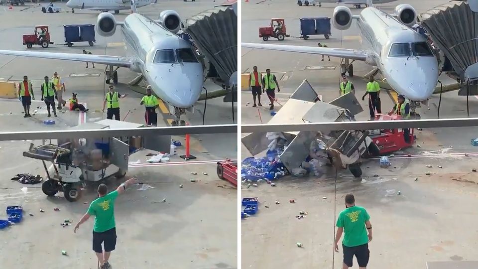 Getränkewagen gerät außer Kontrolle und prallt fast gegen ein Flugzeug am Flughafen in Chicago. Getränkewagen gerät außer Kontrolle und prallt fast gegen ein Flugzeug am Flughafen in Chicago.