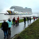 Schaulustige auf dem Deich: Die "Norwegian Encore" ist der zweitgrößte Neubau der Werft - nach der "Aida Nova" Ende 2018. 