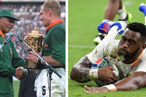 Links: Die Übergabe des WM-Pokals durch Nelson Mandela an Südafrikas Kapitän Francois Pienaar ist längst ein ikonischer Moment der Sportgeschichte. Rechts: Siya Kolisi führt die Springboks 2019 in Japan als erster schwarzer Kapitän auf Feld