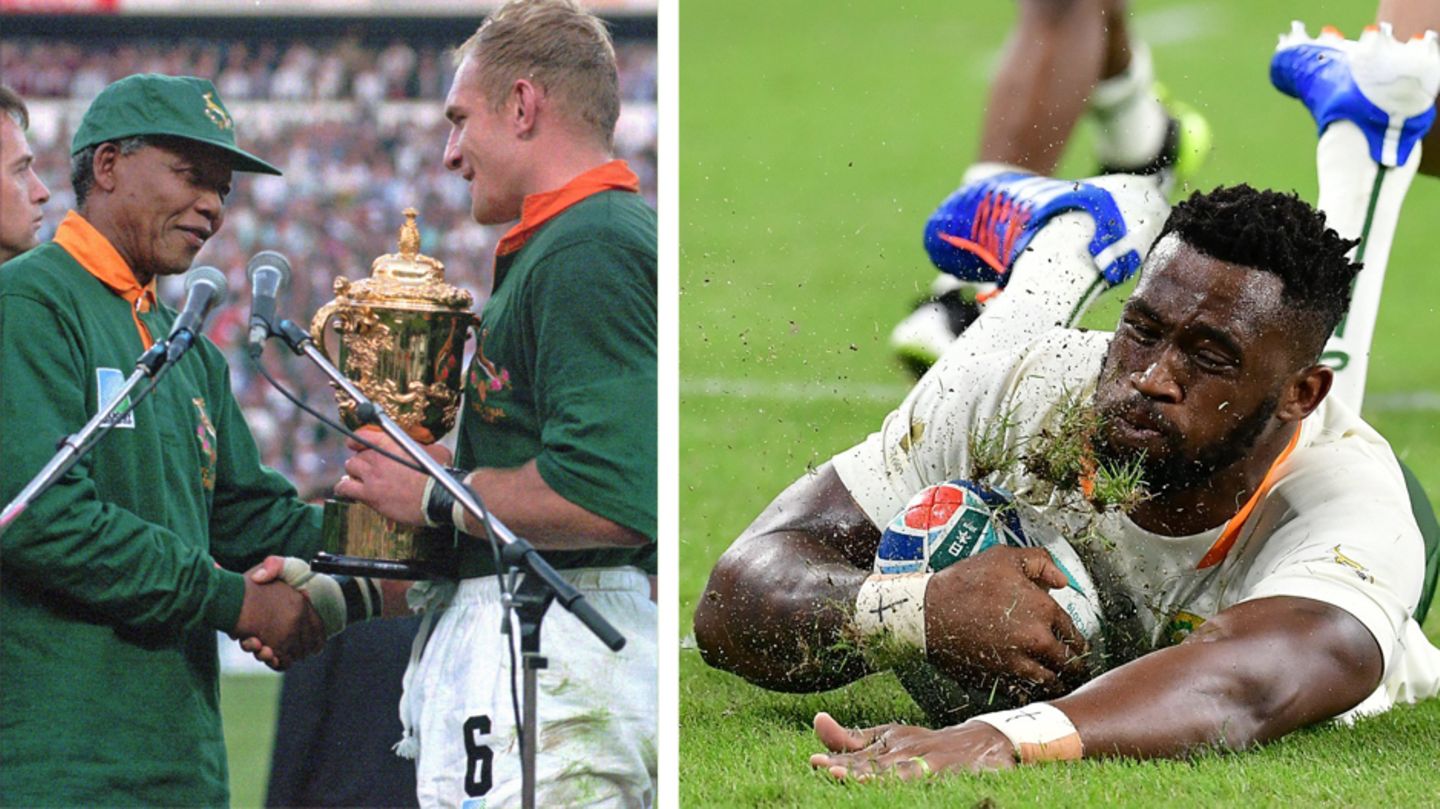 Links: Die Übergabe des WM-Pokals durch Nelson Mandela an Südafrikas Kapitän Francois Pienaar ist längst ein ikonischer Moment der Sportgeschichte. Rechts: Siya Kolisi führt die Springboks 2019 in Japan als erster schwarzer Kapitän auf Feld