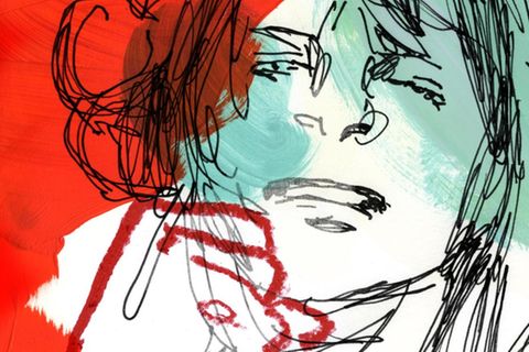 Illustration einer Frau. Eine Bildhälfte liegt unter einem roten Farbschleier