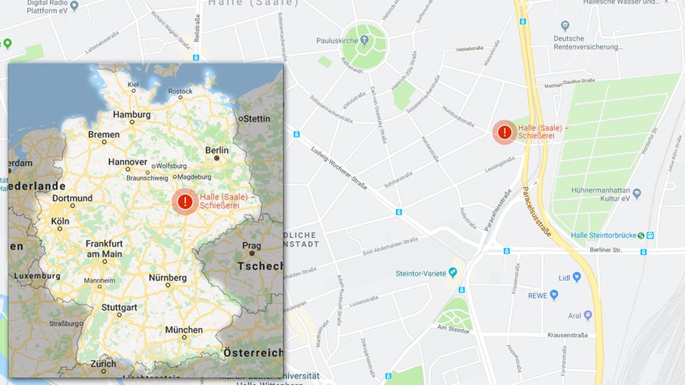 Antisemitische Attacke: Der Tatort: Die Schüsse fielen offenbar in der Nähe der Synagoge und des Jüdischen Friedhofs in der Humboldtstraße in Halle (Saale). Google Maps hat den Ort der Schießerei mit einem roten Warnhinweis markiert. Zur interaktiven Karte gelangen Sie hier Der Tatort: Die Schüsse fielen offenbar in der Nähe der Synagoge und des Jüdischen Friedhofs in der Humboldtstraße in Halle (Saale). Google Maps hat den Ort der Schießerei mit einem roten Warnhinweis markiert. Zur interaktiven Karte gelangen Sie hier