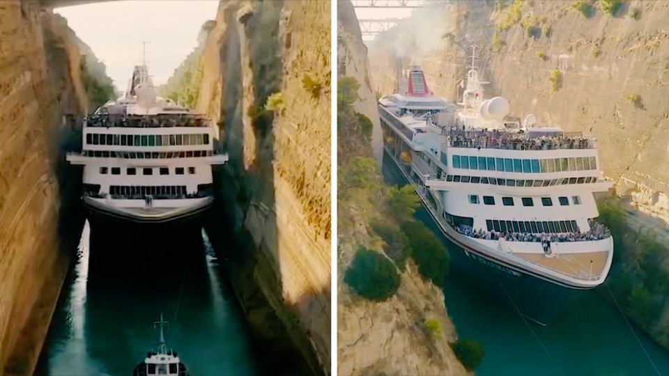 Kreuzfahrtschiff "Braemar" Ein Kreuzfahrtschiff fährt durch einen sehr engen Kanal mit behauenen Felswänden
