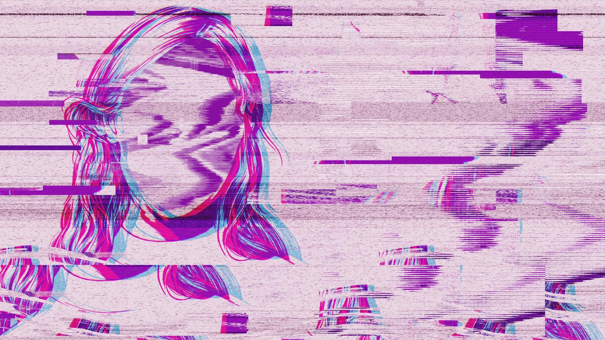 Illustration einer Frau ohne Gesicht. Farblich in lila gehalten.