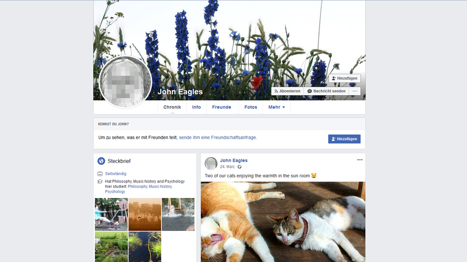 Ein Screenshot der persönlichen Facebook-Seite von "John Eagles" Ein Screenshot der persönlichen Facebook-Seite von "John Eagles"