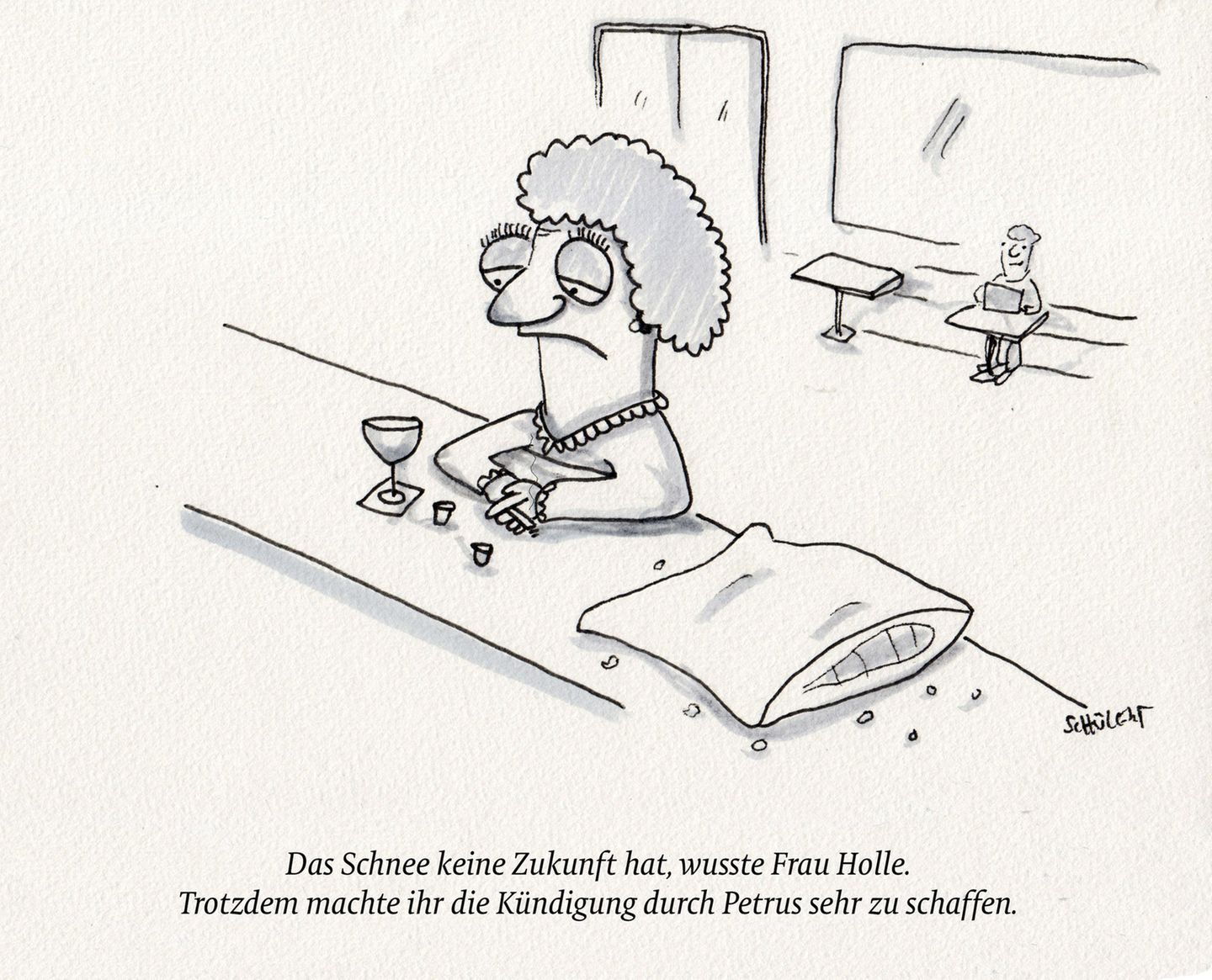 Cartoon: eine alte Dame sitzt am Tresen.
