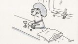 Cartoon: eine alte Dame sitzt am Tresen.