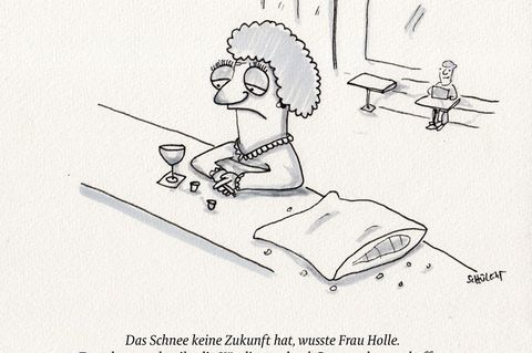 Cartoon: eine alte Dame sitzt am Tresen.