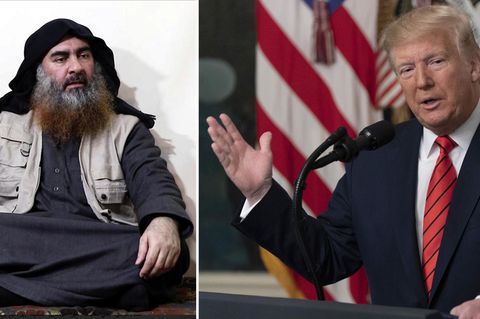 Ein Screenshot Video zeigt den Anführer der IS-Terrormiliz Abu Bakr al-Bagdadi. Rechts US-Präsident Donald Trump