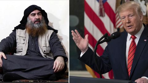 Ein Screenshot Video zeigt den Anführer der IS-Terrormiliz Abu Bakr al-Bagdadi. Rechts US-Präsident Donald Trump