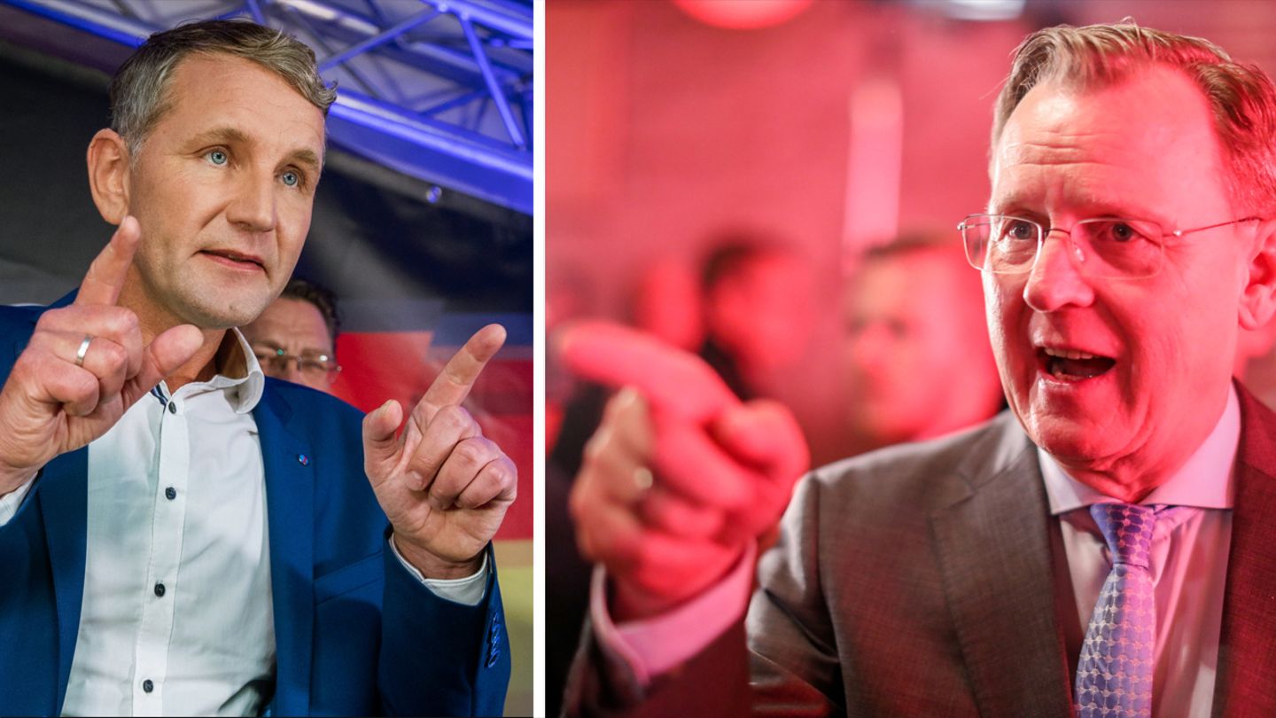 AfD-Spitzenkandidat Björn Höcke , Ministerpräsident Bodo Ramelow (Linke) nach der Landtagswahl in Thüringen