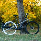 Zusammengefaltet schrumpft das Rad auf normale Dimensionen. Es lösst sich sogar senkrecht aufstellen und auf dem Klappgelenk abstellen.