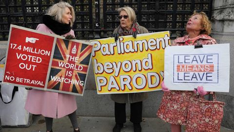 Pro-Brexit-Demonstranten zeigen ihre Plakate vor dem Parlament 