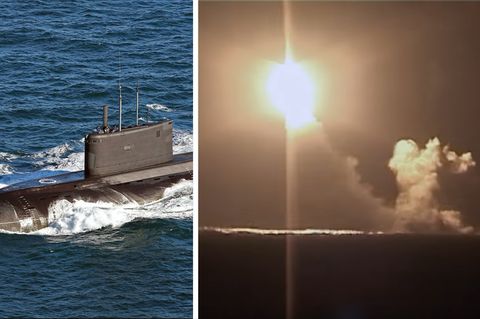 Links: Ein russisches U-Boot der Kilo-Klasse (Archiv). Rechts: Ein Screenshot des Videos des Raketenstarts