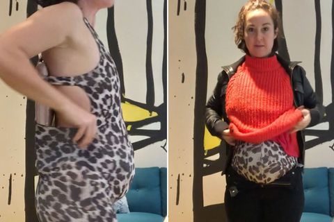 Collage: Frau mit falschem Schwangerschaftsbauch