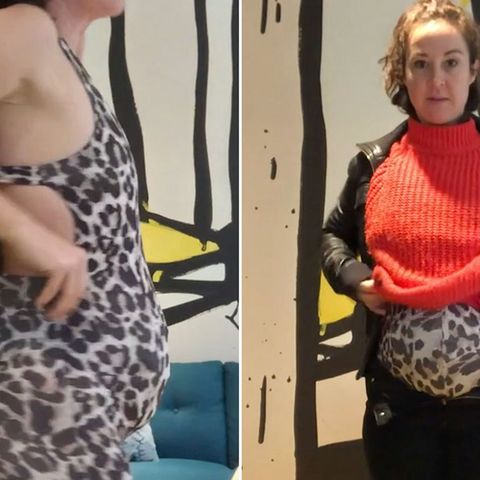 Collage: Frau mit falschem Schwangerschaftsbauch