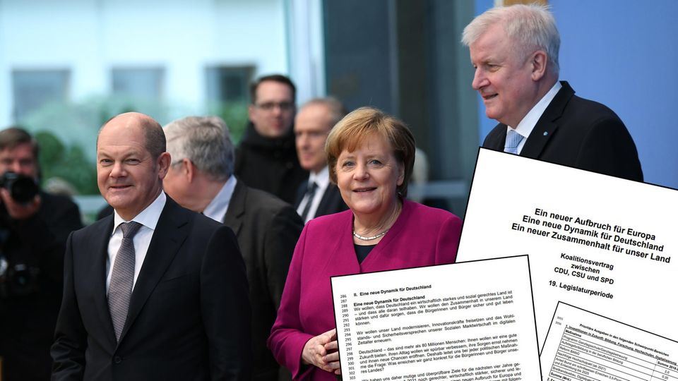 Vizekanzler Olaf Scholz (SPD), Bundeskanzlerin Angela Merkel (CDU) und Bundesinnenminister Horst Seehofer (CSU, v. l.)