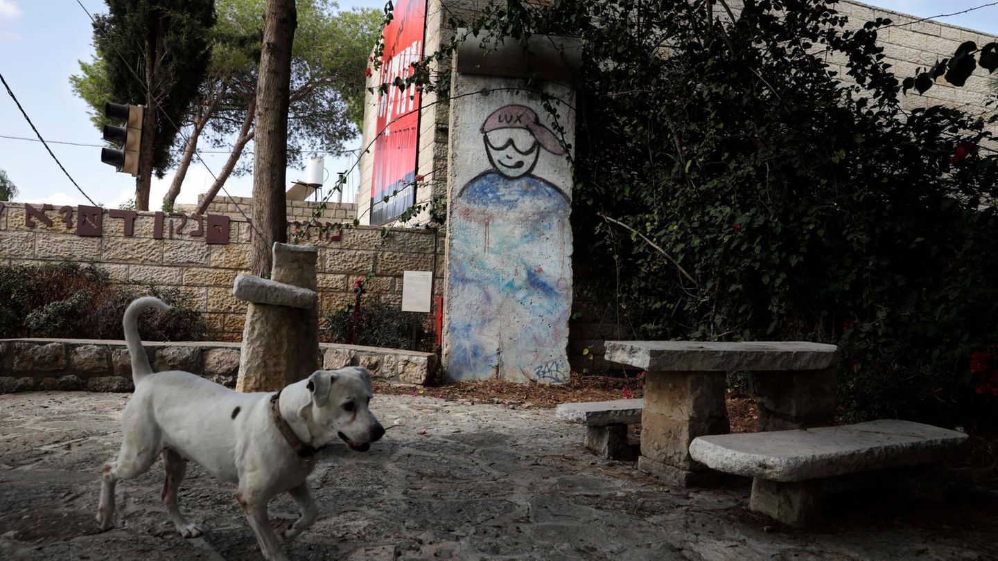 Ein Hod, Israel: Ein Teil der Berliner Mauer vor dem Janco-Dada-Museum im Norden Israels. Zwischen Israel und den palästinensischen Autonomiegebieten steht heute ebenfalls eine Mauer.