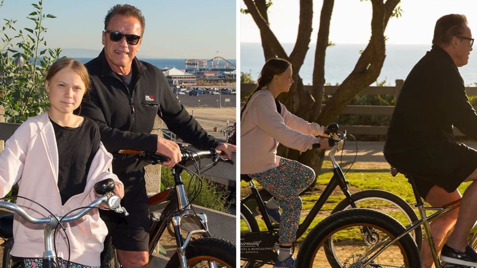 Greta Thunberg und Arnold Schwarzenegger unternehmen zusammen eine Fahrradtour