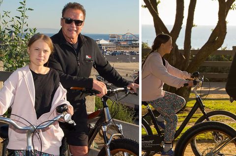 Greta Thunberg und Arnold Schwarzenegger unternehmen zusammen eine Fahrradtour