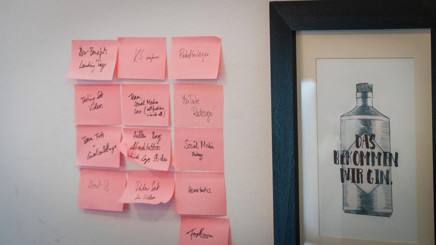 In bester Start-up-Manier kleben Post-its mit Arbeitsaufträgen an der Wand.