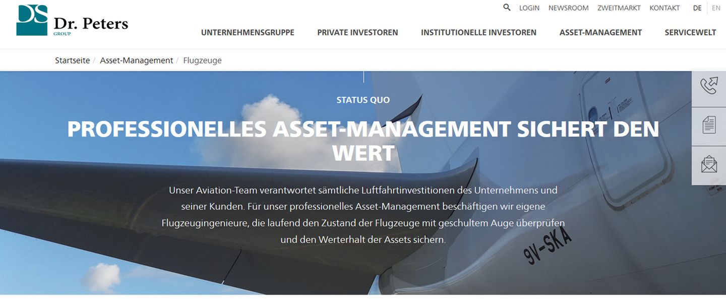 Aktuelle Website der Dr. Peters Group: Hier wird noch mit einem Foto eines Airbus A380 geworben, der an Singapore Airlines vermietet war. Dabei wird die Maschine längst abgewrackt.