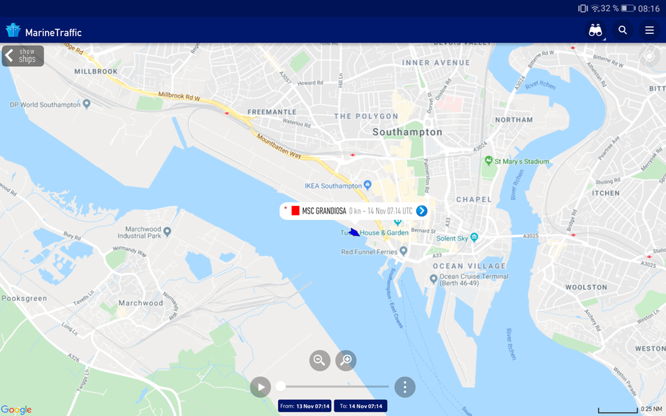Hat am 12. November um 7.39 Uhr im Hafen von Southampton festgemacht und liegt seitdem am Kreuzfahrtkai: die "MSC Grandiosa".