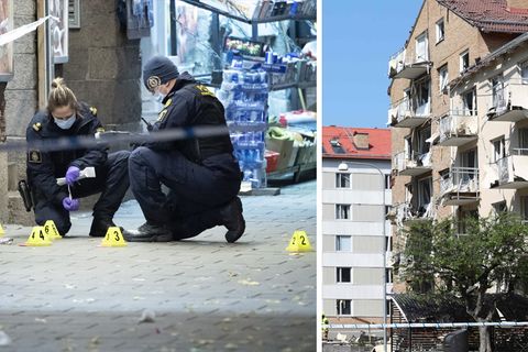 Links: Kriminaltechniker untersuchen einen Tatort, rechts: eine beschädigte Hausfassade