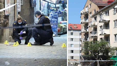Links: Kriminaltechniker untersuchen einen Tatort, rechts: eine beschädigte Hausfassade