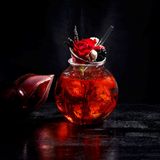 Rose & Raspberry Negroni  Zutaten:  2 cl Gin z.B. Hendrick's  0,5 cl Raspberry Eau de Vie  3 cl Campari  3 cl Cinzano Bianco  Zubereitung:  Alle Zutaten mit Eis in einen Cocktailshaker geben, shaken und in ein mit Eis gefülltes Glas abseihen.   Serviert mit essbarer Rose, Himbeeren, Baiser mit Himbeerpüree beträufelt und Minze