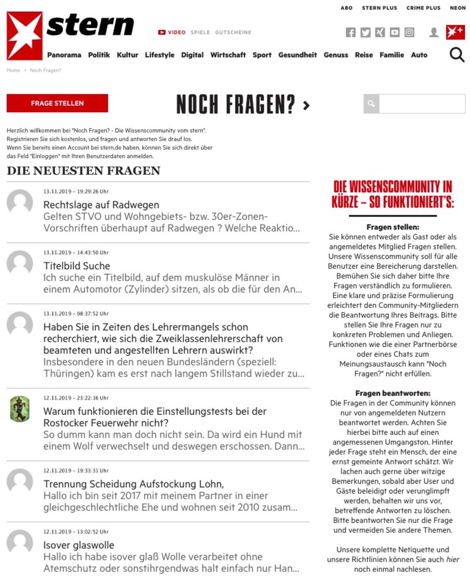 Startseite Screenshot der Startseite der Noch-Fragen-Community / Wissenscommunity