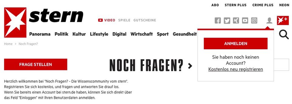 Einloggen-Registrieren Screenshot der Noch-Fragen-Seite mit Hervorhebung der Anmelde und Einloggen-Buttons