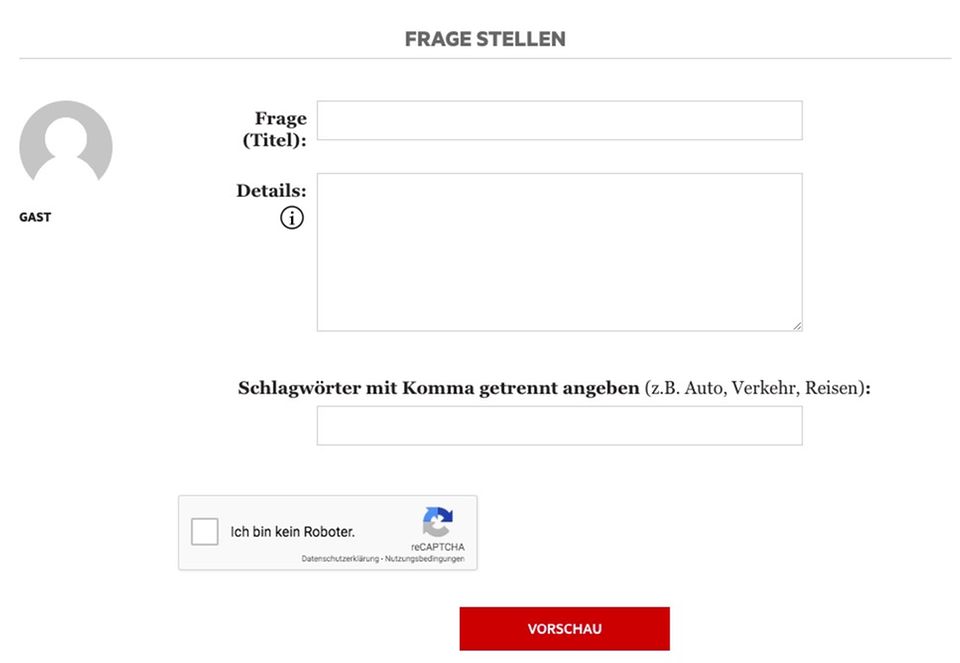 Frage stellen Screenshot der Frage-stellen-Seite
