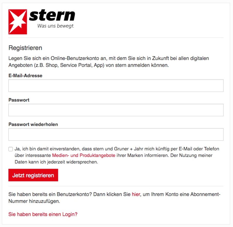 Registrieren Screenshot der Registrierungsseite