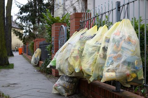 In Berlin hängen gefüllte gelbe Müllsäcke an einem Gartenzaun zur Abholung bereit 