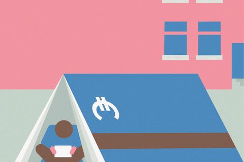 Illustration: Ein Mensch kampiert in einem Zelt in Sparbuch-Optik